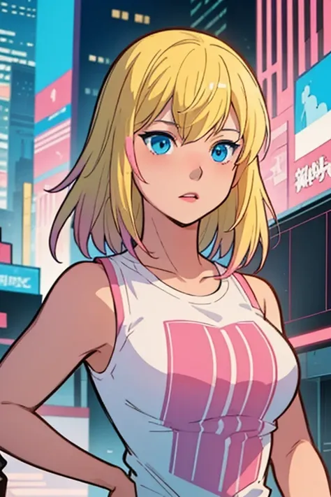 solo, 1girl, (masterpiece), (( appearance)), Blonde hair, Medium hair, blue eyes, anime girl, large breasts, pink t-shirt, cyberpunk city background