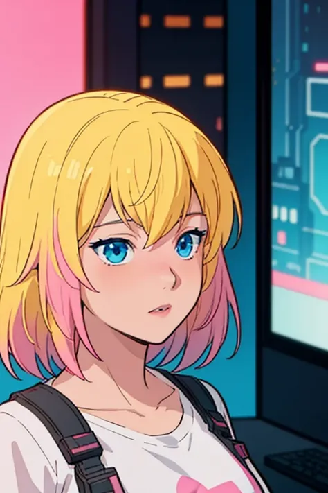 solo, 1girl, (masterpiece), (( appearance)), Blonde hair, Medium hair, blue eyes, anime girl, large breasts, pink t-shirt, cyberpunk city background