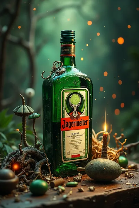 make a bottle of jager that is drunk to look abnormally interesting with a lot of things around it