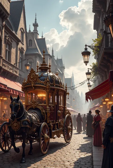   A bustling medieval European market in the gorgeous fantasy mechanical industry city 、A luxurious steampunk carriage、Cobblestones、People dressed in fantasy々、steampunk machine、Beautiful Morning、 high definition 、4K close-up images