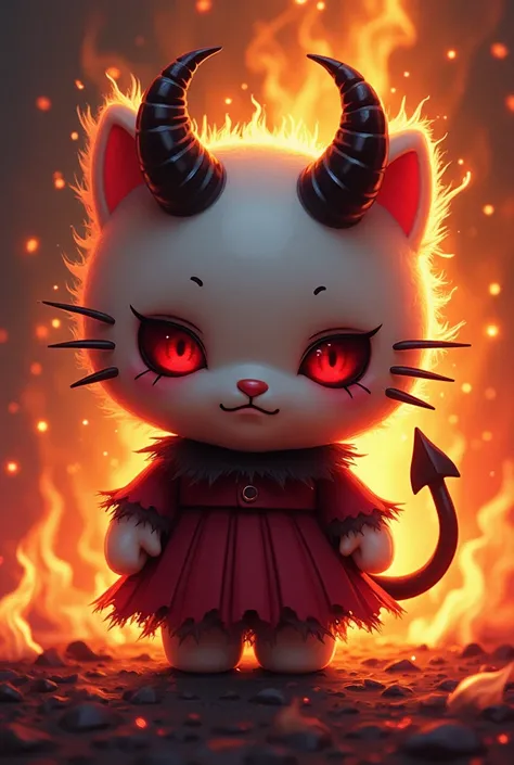 Hello Kitty without mouth devil mode with tail and horns but tender ,with a lot of fire in the background and cartoon mode 