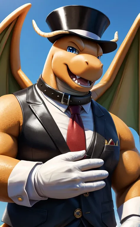 Solo, Male, close up, fat, extremely obese, steampunk, gentleman, dapper Dragonite, tilting head down, blue eyes, wearing a big leather collar around his neck, (soft shading), 4k, hi res, ((detailed face, detailed)), looking at viewer, evil grin, collared ...