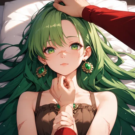 4k anime style, Smooth anime CG, 8k anime, Best quality, High resolution,Superdetail,Perfect light,ager Anime, Long hair,emerald green hair, Emerald green eyes,medium chest, Beautiful waist,scars, burn scars, malnourished, depressed, innexpressive, close e...