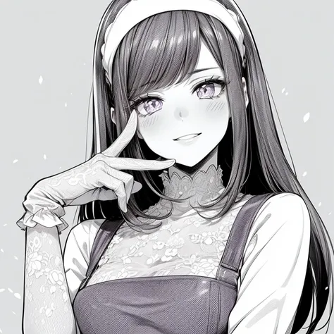 A mature girl, straight red hair,  wearing a plain white tiara , 60s style clothing , lilac and white color,  wearing white lace gloves ,  blinking one of the eyes and a mischievous smile, black and white manga style, cores neutras 