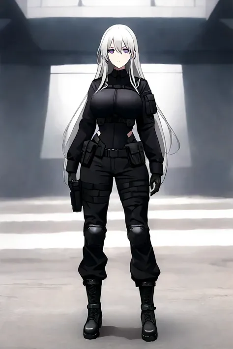  masterpiece ,  best quality,  amazing quality , very aesthetic, absurdities,  newest , 1 girl, Alone ,  huge breasts, hair between the eyes ,  purple eyes,  long hair,  Greyish white hair,black tactical shirt , black tactical pants,tactical boots,tactical...