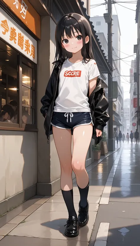 (score_9, score_8_up, score_7_up,ray tracing:1), (shiny, shiny skin), (masterpiece, best quality, amazing quality, masterpiece, 8k, high quality, detailed art), anime, 1 girl, full body, slim body, short black hair, black eyes, flat chests, white t-shirt, ...