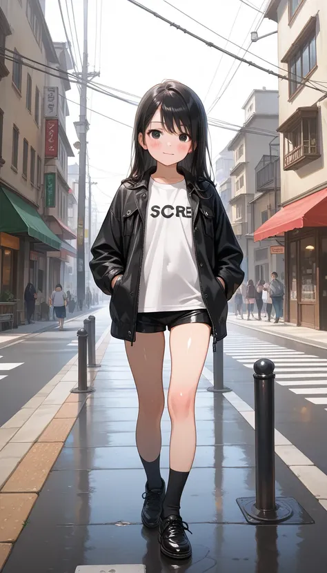 (score_9, score_8_up, score_7_up,ray tracing:1), (shiny, shiny skin), (masterpiece, best quality, amazing quality, masterpiece, 8k, high quality, detailed art), anime, 1 girl, full body, slim body, short black hair, black eyes, flat chests, white t-shirt, ...