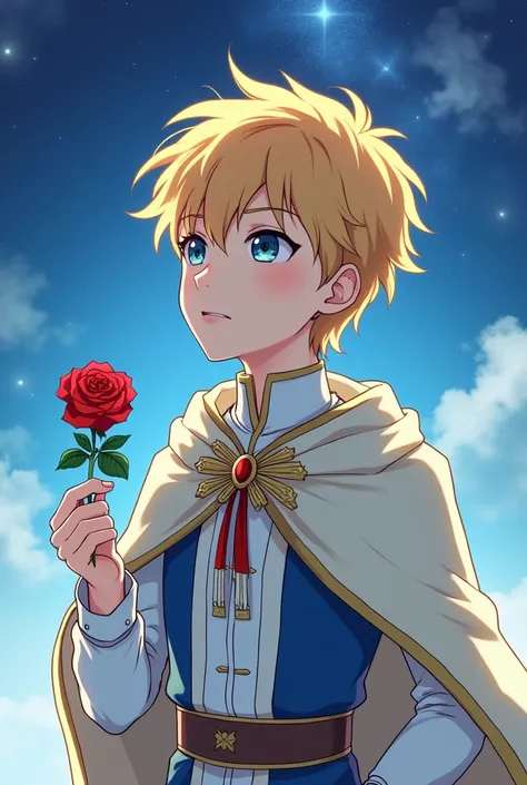 a cartoon picture of a boy with a rose in his hand, an anime drawing inspired by Li Chevalier, pixiv, romanticism, the flower prince, portrait of magical blond prince, coronation of the flower prince, starry sky!!, the little prince, with cape, zerochan, b...