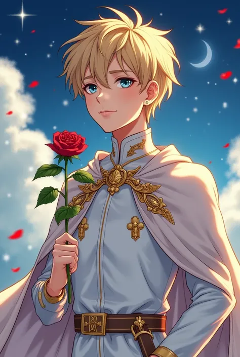 a cartoon picture of a boy with a rose in his hand, an anime drawing inspired by Li Chevalier, pixiv, romanticism, the flower prince, portrait of magical blond prince, coronation of the flower prince, starry sky!!, the little prince, with cape, zerochan, b...