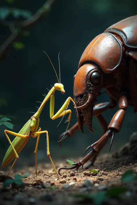 A praying mantis entering a beetle