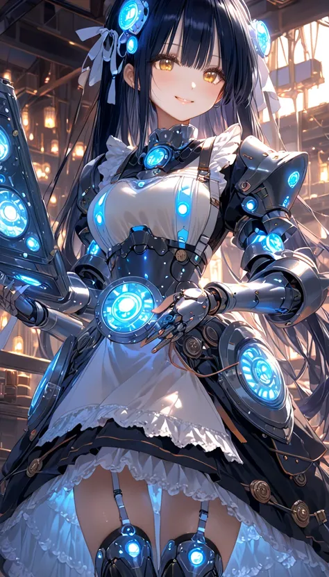 Black Hair Semi-Short。 golden eyes。Machine Eyes 。Battleships behind。 mechanization。 lots of cable terminal connections。Gadgets。The back is a machine。 long skirt。Black Iron Armor。 Headdress 。light blue light。 smiles softly。delicate。 maid clothes。Strengthen ...