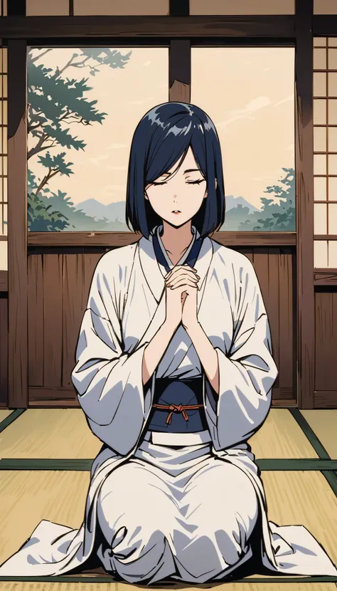 vintage movie, girl, short hair, navy hair, straight hair, woman body, white kimono, tatami, training, hyuga clan, shinobi village, konohagakure,
she's on her knees, praying in silence, eeys closed