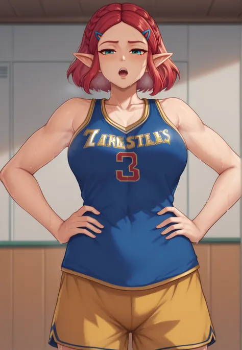 masterpiece, best quality, highres, aazelda, Princess_Zelda, hairclip, red hair,  pointy ears, hair tied into a bun, blue tanktop, inside gym, standing, cowboy shot, gym background, open mouth, out of breath, sweaty, sweating, exhuasted, tired exporession,...