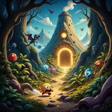 A surprised Pac Man is being chased through a prehistoric world with dangerous dinosaurs, he races towards a glowing magic door on the side of a volcano. 4 colorful ghosts chase him, comical action
