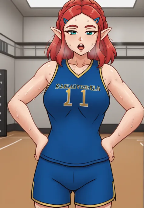 masterpiece, best quality, highres, aazelda, Princess_Zelda, hairclip, red hair,  pointy ears, hair tied into a bun, blue tanktop, inside gym, standing, cowboy shot, gym background, open mouth, out of breath, sweaty, sweating, exhuasted, tired exporession,...