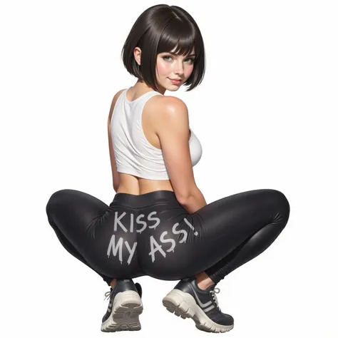 A flirty girl, smiling, bob cut, white sleeveless, black yoga pants, chunky sneakers, huge ass, squatting, spread legs, written on his yoga pants in graffiti style: "KISS MY ASS!", from behind, (back view:1.5), looking at the viewer, highly detailed, paint...