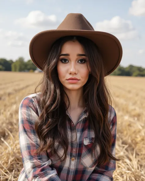 a woman in a cowboy hat sitting on a hay field, long windy hair style, cowgirl, dark brown flowing long hair, appealing long hair, long messy hair, long brown hair, brown long hair, long flowing brown hair, long brown wavy hair, long hairstyle, messy long ...