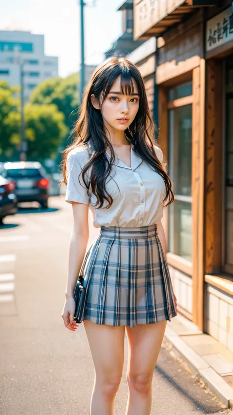 a beautiful 18 year old Japanese high school girl with perfect anatomy, healthy thighs, beautiful legs, beautiful skin, random hair color and style, large breasts, (wearing a Japanese schoolgirl uniform:1.3), (she is standing:1.2), penny loafers, holding a...