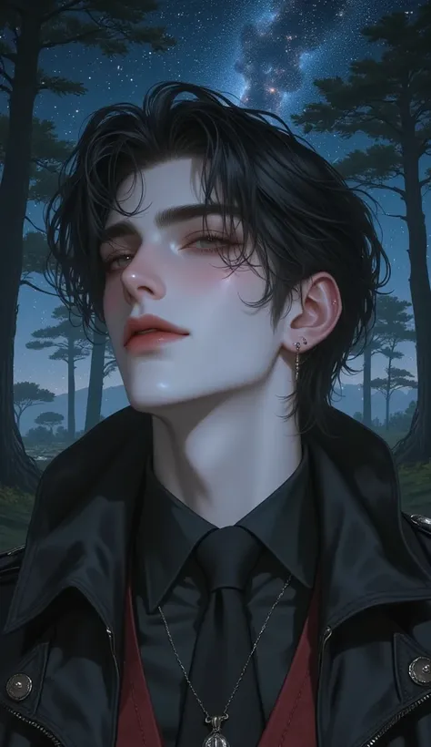 (absurdres,  high resolution,  detailed details ), (1 man,  alone,  adult , ความเป็น adult , Aging ,  tall man , Broad shoulders, handsome), Wavy black hair, Brown Eyes , (Square Jaw, wordlessly, Thick eyebrows ),  Break, Forest, Fantasy,  Highly detailed ...