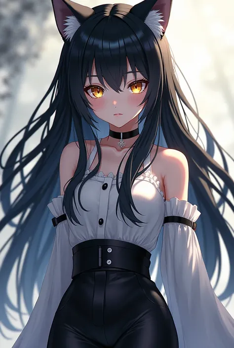 A werewolf girl anime,  fair skin ,  black hair,  golden eyes,  black and white clothes , black and white pants.
