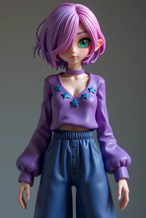 Makes a collectible, life-size female figure, in a demon slayer style, with short hair and a mix between purple and pink as a hair color, her locks of hair cover her left eye while the other eye is emerald green, long eyelashes and a pupil like that of a c...