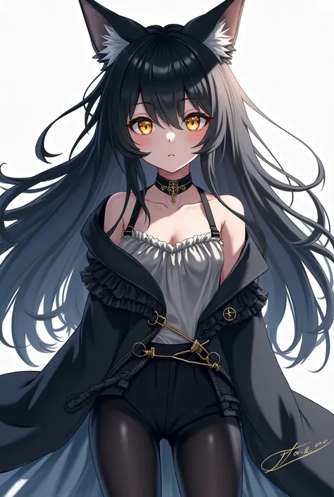 A werewolf girl anime,  fair skin ,  black hair,  golden eyes,  black and white clothes , black and white pants.
