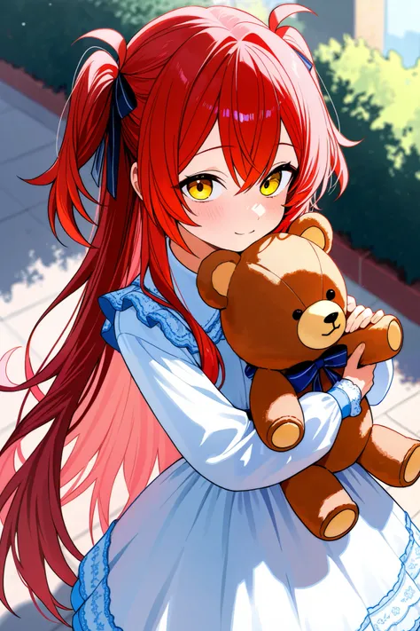 A girl with yellow eyes and red pigtail hair is wearing a cute dress and holding a teddy bear in one hand 