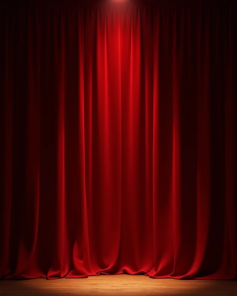 Red velvet theater curtain with a round yellow light focus in the center 