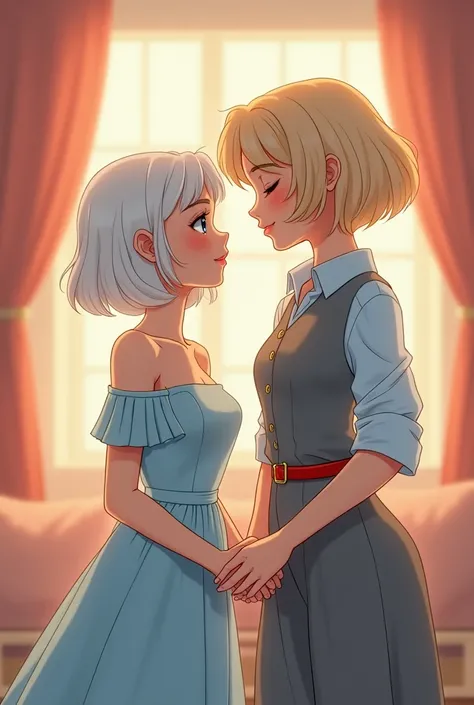 A 6K resolution 90s anime illustration of a romantic indoor scene with soft, warm lighting, featuring a loving lesbian couple about to share an intimate kiss. One woman is short, has elegant white hair in a neat Bob cut, wearing a delicate off-shoulder kni...