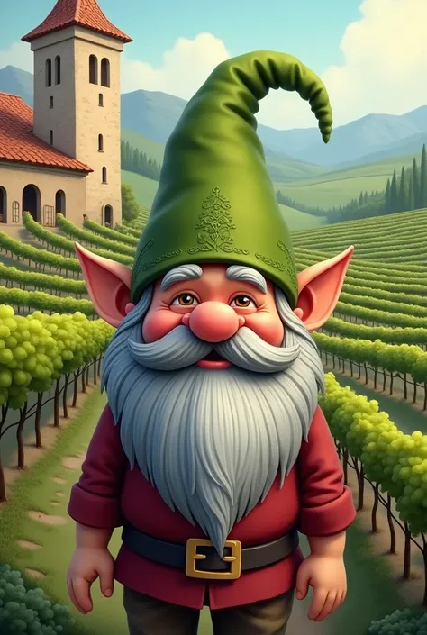  A gnome with a green hat with a gray beard, Winery logo  