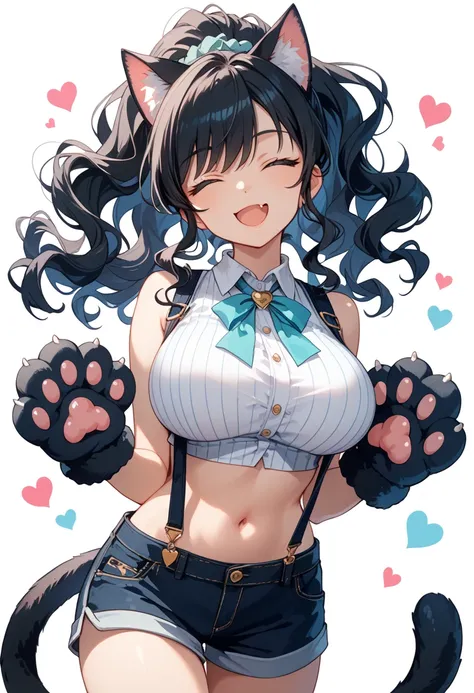 1girl, standing, knees together, hands up, head tilt, cowboy shot,
(closed eyes:1.4), (heart:1.2), happy,
smile, open mouth, fang,
white background, (paws background:1.3), simple background,
BREAK
18yo, girl, (black hair:1.2), ponytail, (wavy hair:1.2), (h...