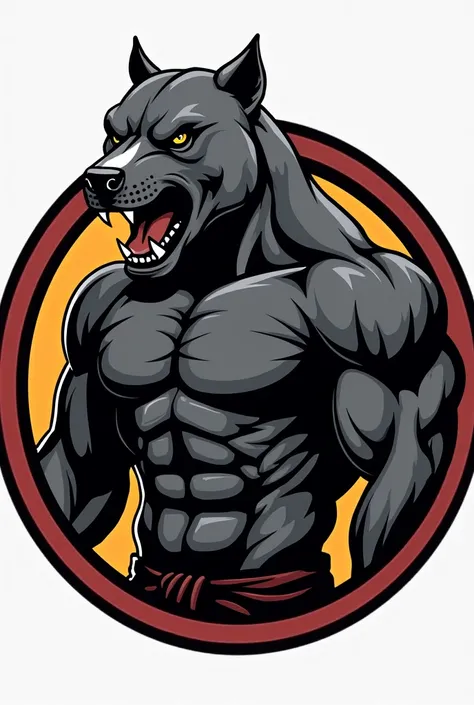 Give me a circle , SOCCER SHIELD STYLE , Within that circle I want the body of a muscular guy with a black pit bull head with rounded ears and a white spot , With an angry face showing the teeth 