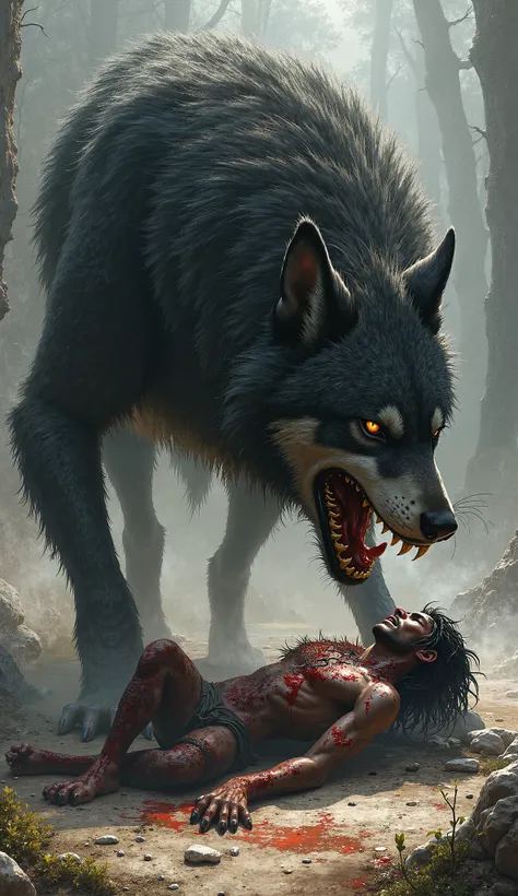 "Shadowclaw lies on the ground, his fur dirtied and bloodied, as the largest wolf towers over him, snarling. The cat’s eyes narrow, determination shining through."

