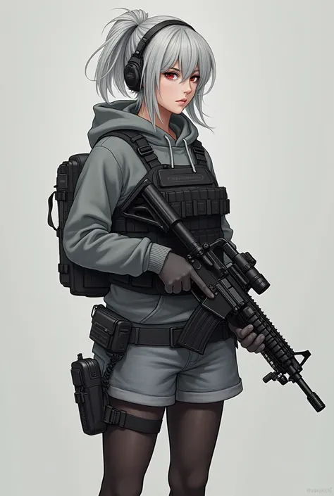  Silver Hair、 Short Ponytail 、Comtac headsets、I have an M4 rifle、 grey hoodie、black plate carrier、 big breasts、 gray denim shorts、black first line and handgun holster on pant belt、 black garter stockings、 trekking shoes 、 full body standing picture