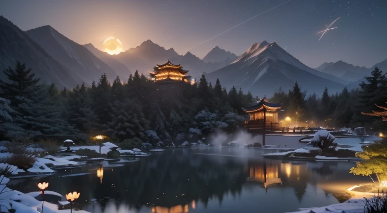 Chinese scenery, ((hot spring)), (Blizzard), (firefly), (Paper Kite), (midnight), (moon), Hilltop Shrine, ((flower)), Beautiful scenery, Realistic lighting, masterpiece, high quality, Beautiful graphics, High Detail,