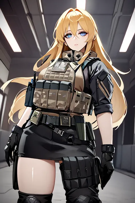  masterpiece ,  4K quality,  amazing quality , very aesthetic, absurdities,  newest ,  1 Mature Woman , Alone ,  huge breasts, hair between the eyes ,  blue eyes,  long hair,  golden blonde hair ,full torso black tactical shirt, black tactical pants,tactic...