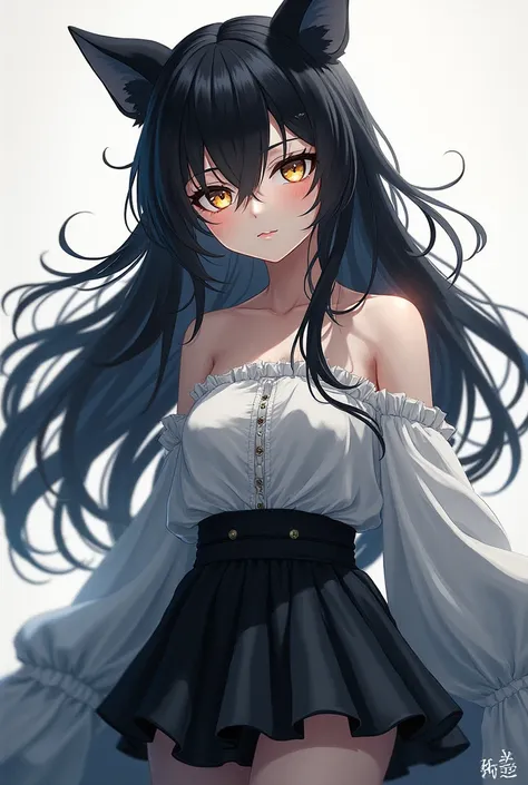 A werewolf girl anime,  fair skin ,  black hair,  golden eyes,  black and white clothes , black and white pants.
