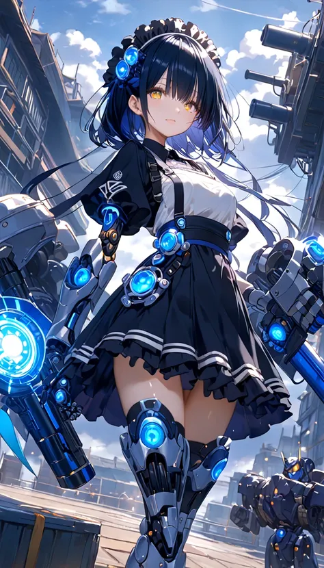 Final Boss。 black hair bob cut。 golden eyes。Machine Eyes 。rooftop。 mechanization。cable terminal。Gadgets。The back is a machine。 long skirt。Black Iron Armor。 maid headdress。light blue light。battle。delicate。 maid clothes。Strengthen the outer frame。 big black ...