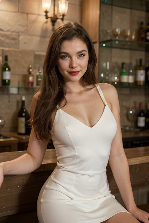 Create a 30 year old woman, light hair and green eyes, tall, thin smiling with red lipstick and a white dress sitting in a bar, ultra realistic 4k image