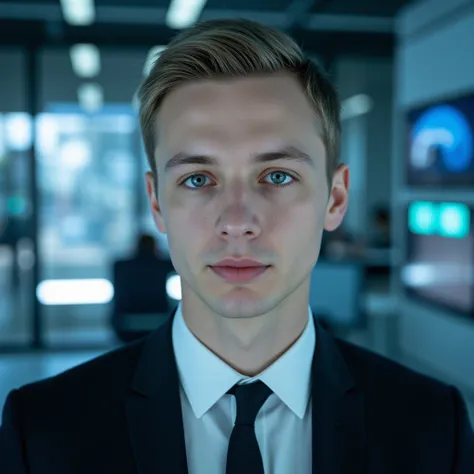 A pale-skinned man ,  light hair and blue eyes, wearing an elegant suit in a futuristic office, Will there be a hologram in the form of a screen, which self-visualizes himself in retrospect, high illumination. 