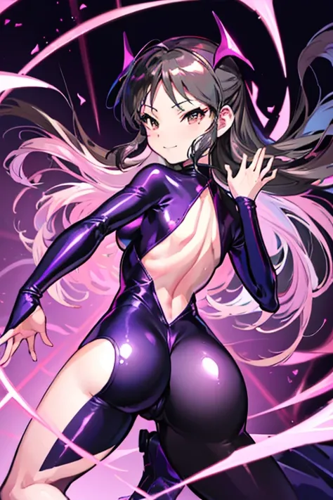  best quality　 best image quality　Adult-like body 　Draw a face carefully　 Anime style high quality face　Super shiny skin 　black and purple leotard　 pink pantyhose 　 succubus 　Lure　smile　 rear view