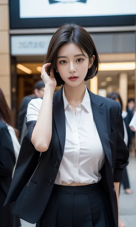 female,  suit, navy blue skirt,  white shirt , black jacket,  short hair,  Brown Eyes,  is delicately drawn in dual detail. 
 pretty cute face,  Korean , big boobs , department store background
Be sexy