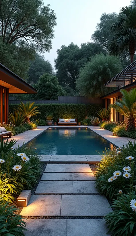  Garden landscaping concept ,  with an area of 4x7 meters ,  there are daisy plants , Cactus,  katsuba red flower ,  palm tree ,  as well as elephant grass as a ground cover ,  there is also a fish pond that goes around the garden that forms a path, and th...