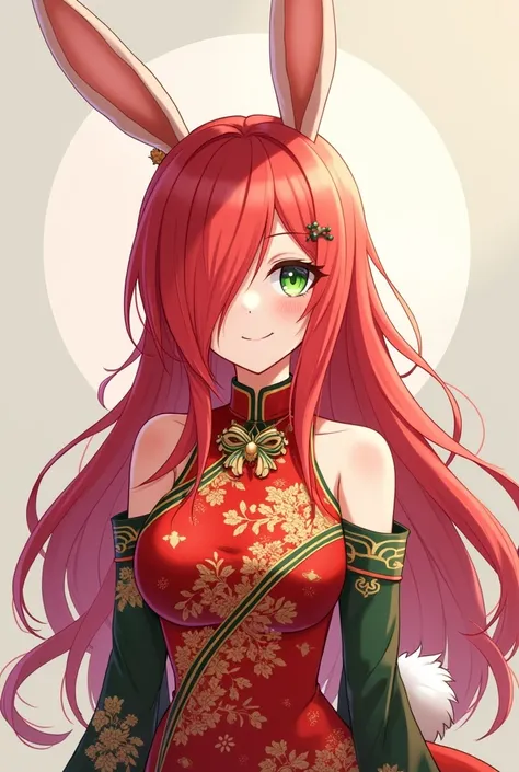 ( top quality,  best quality,  official art  , beautiful and aesthetic :1.2) female anime, rabbit woman, cute girl, long red hair,  hair over the right eye,  Green Eyes Pants,  bunny ears , white pompous tail , Chinese red and gold clothes,  smiling.
