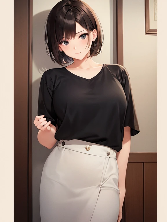  High Quality ，masterpiece。Cute short hair woman， Her hair color is brown ， hairstyle is short hair。 she turns her face and body towards the viewer，upright。 her hands are empty ，Don&#39;t fold your hands。She looks tall。 her breasts are so big ， good style。...