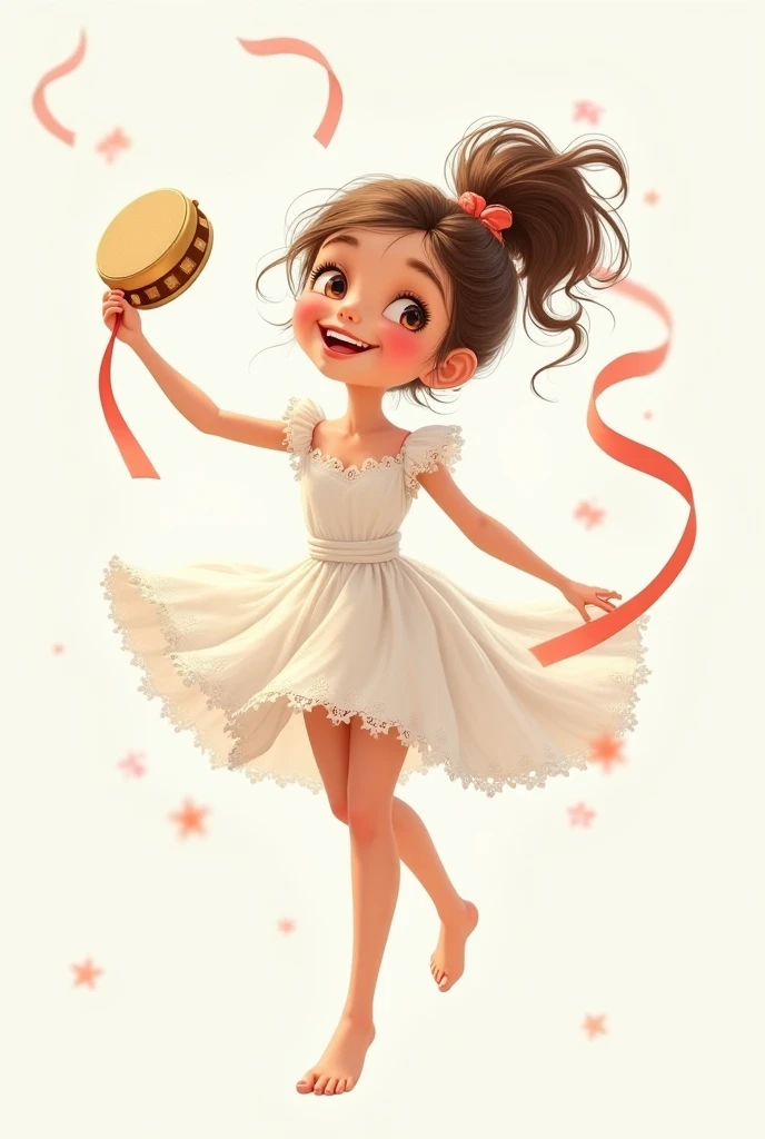 CARTOON OF A HAPPY YOUNG GIRL IN A WHITE DANCE DRESS AND HER TAMBOURINE AND RIBBON