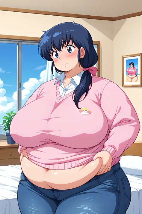 Otonashi Kyoko, long hair、紺色の髪、low ponytail,pink ribbon hair ornament、Dark blue eyes、 pink sweater 、Blue jeans 、white shirt, collared shirt,clavicle,gigantic breasts,enormous breasts,Sloppy belly fat,bedroom, troubled expression, embarrassed expression ,bl...