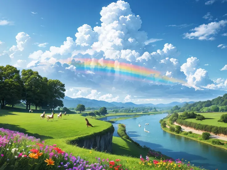  best quality, more details, is present, The Wizard of Oz,landscape, bright color,Vivid sky,Flying Bird,Green pastures,  colorful flowers,Calm River,Peaceful environment,Soft Clouds, natural beauty , sunlight passing through ,Impressive views ,Gentle Breez...