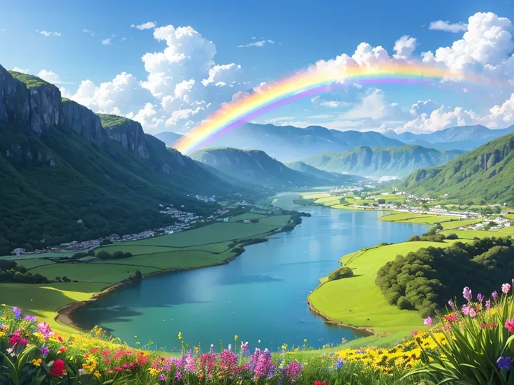  best quality, more details, is present, The Wizard of Oz,landscape, bright color,Vivid sky,Flying Bird,Green pastures,  colorful flowers,Calm River,Peaceful environment,Soft Clouds, natural beauty , sunlight passing through ,Impressive views ,Gentle Breez...