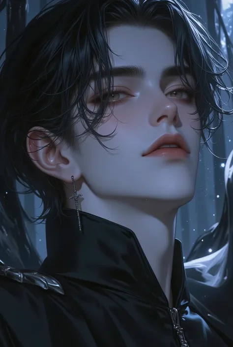 (absurdres,  high resolution,  detailed details ), (1 man,  alone,  adult , ความเป็น adult , Aging ,  tall man , Broad shoulders, handsome), Wavy black hair, Brown Eyes , (Square Jaw, wordlessly, Thick eyebrows ),  Break, Forest, Fantasy,  Highly detailed ...